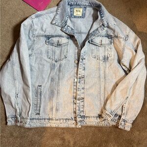 WEII Denim Jacket with floral designs on back. Unisex size L